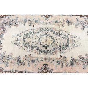 Vintage Area Rug 3.7x6.8 ft, Turkish <b>Brown</b> Floral <b>Wool</b> Rug - Product Image 5
