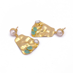 Natural Pearl Aqua Chalcedony Stud Earrings Gold-Plated Brass Hammered Design Prong Bezel Trendy Gemstone Birthstone <b>Jewelry</b> - Product Image 2