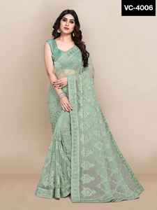 À la mode ethnique à la mode vêtements ethniques doux Net Saree pour fête porter Occasion spéciale porter Saree Banglory soie Blouse pièces femmes - Product Image 4