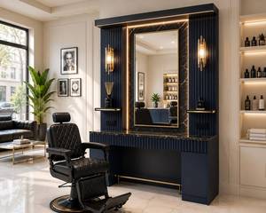 Station de barbier moderne de luxe noire avec miroir LED, construction durable en MDF, étagères de rangement, comptoir |   Barbier professionnel sur mesure - Product Image 1