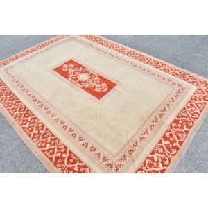 Tapis turc vintage classique Orange Beige 6.8 X 9.3ft Patchwork fait à la main Rectangle laine Polyester Latex support pour Teen Living - Product Image 4