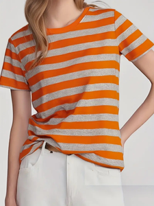 T-shirt décontracté à manches courtes pour femme, imprimé 3D personnalisable, rayures rouges et bleues vives, haut léger et respirant pour l'été - Product Image 2