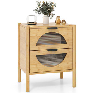 Table de chevet moderne européenne en bambou massif avec 2 tiroirs de rangement et façades en verre trempé à roseaux pour appartement - Product Image 1
