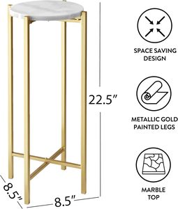 <b>White</b> Marble Collapsible <b>Side</b> Accent Drink <b>Table</b> with Gold Metal Legs for Home bar - Product Image 3