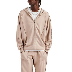 ชุดเซ็ตแทรคสูทผู้ชายสีสโตน ฮู้ดดี้ทรงบ็อกซี่โอเวอร์ไซส์ ผ้าทอคุณภาพสูง ซิปผ่าด้านนอก ตะเข็บโชว์ ลุคย้อมสีเอซิด สำหรับฤดูหนาว - Product Image 2