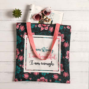 Bolsas de Mano de Lona de Algodón Resistentes y Elegantes con Múltiples Mensajes Impresos, Bolsas de Mano con Asas Rosas y Estampado de Flores - Product Image 2