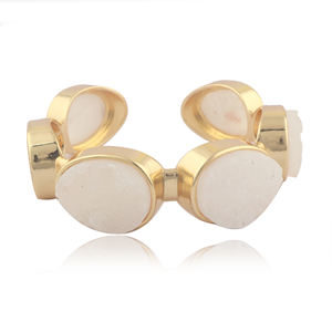 Pulsera de lujo con piedras naturales, ágata blanca azucarada, druzy, brazalete abierto, chapado en oro de 18k, forma de huevo, pulsera de piedras múltiples para mujer - Product Image 1