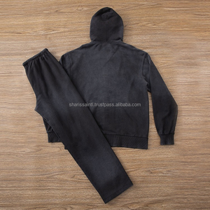 Unisex Sweatsuits Men's Acid Wash Zipper Hoodie & Loose Fit Straight Leg <b>Pants</b> Own Your Logo 100% Cotton Distress Tracksuit Sets - Product Image 3