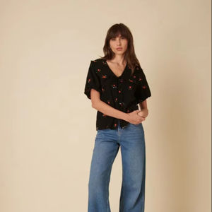 Tops de media manga bordados a mano, blusas ucranianas, Túnica de talla grande para mujer, elegante 100% de algodón con cuello en V, fruncido - Product Image 1