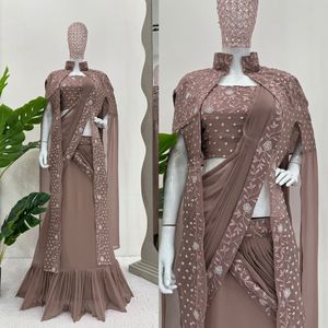 Nuevo diseñador Faux Georgette hilo con secuencia bordado trabajo Lehenga Saree volante drapeado Saree con encogimiento de hombros largo para mujeres - Product Image 6