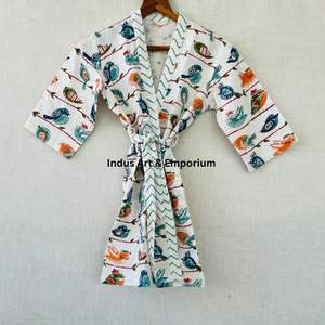 เสื้อคลุมอาบน้ำเด็กพิมพ์ลายบล็อกผ้าฝ้ายน่ารัก ขายส่ง ผ้าฝ้ายพิมพ์ลายบล็อกด้วยมือ ผ้าฝ้ายลายวาฟเฟิล คิโมโนผ้าฝ้าย - Product Image 6