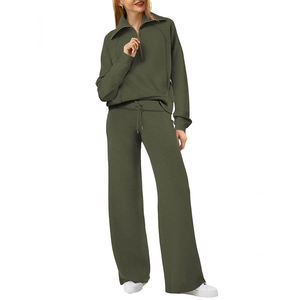 Costumes deux pièces chauds couleur unie ensemble femmes automne hiver vêtements ensembles col montant fermeture éclair sweat pantalon - Product Image 3