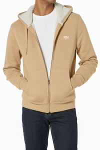 Sweat-shirt à capuche doublé en polaire sherpa avec logo RN de haute qualité pour hommes, style streetwear, fermeture éclair quart de tour, couleur kaki, uni, teinture unie, vente en gros - Product Image 6