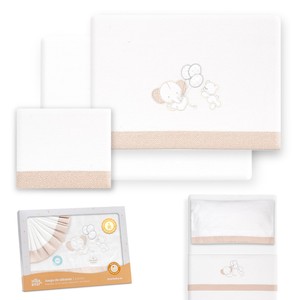 Parure de lit en flanelle 3 pièces pour lit bébé, modèle OSO-ELEFANTE, drap bébé avec technique de tissage et motif de personnage - Product Image 1