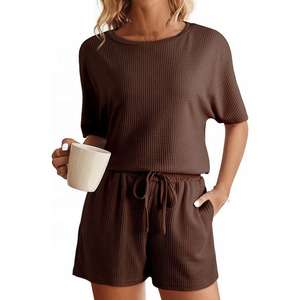 Ensemble de t-shirts 2 pièces pour femmes-Tissu gaufré personnalisé-Survêtement d'été respirant-Ensemble de t-shirts à col en O pour femmes - Product Image 4