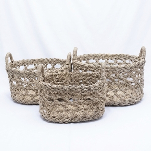 Ensemble de paniers de rangement modernes en jonc de mer naturel, écologiques, avec poignée en treillis ouvert, plateau de table pour plantes, décoration artistique pure pour la pièce - Product Image 1