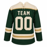 Jersey Hoki Es Sublimasi Kustom Hijau Hutan Krem Emas Garis Vintage Tali Serut OEM