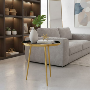 โต๊ะข้างทรงกลมหรูหรา ทำจากเหล็กและอะลูมิเนียม โครงสีทอง ท็อปสีดำ สำหรับห้องนั่งเล่น ห้องนอน ร้านกาแฟ เฟอร์นิเจอร์โรงแรม ขายส่ง - Product Image 5