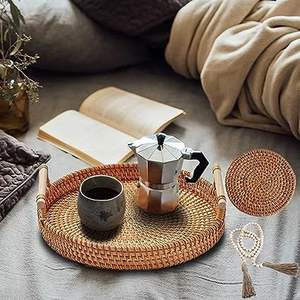 Bandeja de servicio de yute de ratán decorativa hecha a mano con acabado de incrustaciones de hueso Juego de 3 bandejas de servidor de alimentos de forma redondeada - Product Image 5