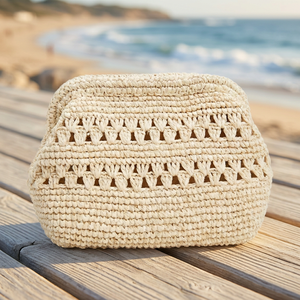 Bolso de Mano de Ganchillo para Mujer, Estilo Bohemio, Verano, Parte Superior Abierta, Bolso de Paja Hecho a Mano con Correa de Cuero - Product Image 3