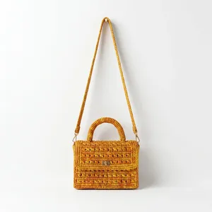 Crochet Raffia Women's Shoulder <b>Bag</b> Lock Closure Vintage Bohemian Summer Hollow Pattern Two Handles Adjustable <b>Strap</b> Yellow - Product Image 4