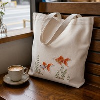 Sac fourre-tout vintage en toile brodée à la main motif poisson rouge, réutilisable, avec logo personnalisé OEM