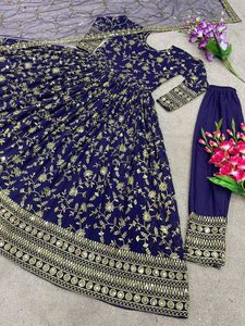 Vestido de Fiesta o Boda con Bordado de Lentejuelas sobre Tela de Georgette Sintética, Completamente Cosido, con Pantalón y Dupatta - Product Image 6