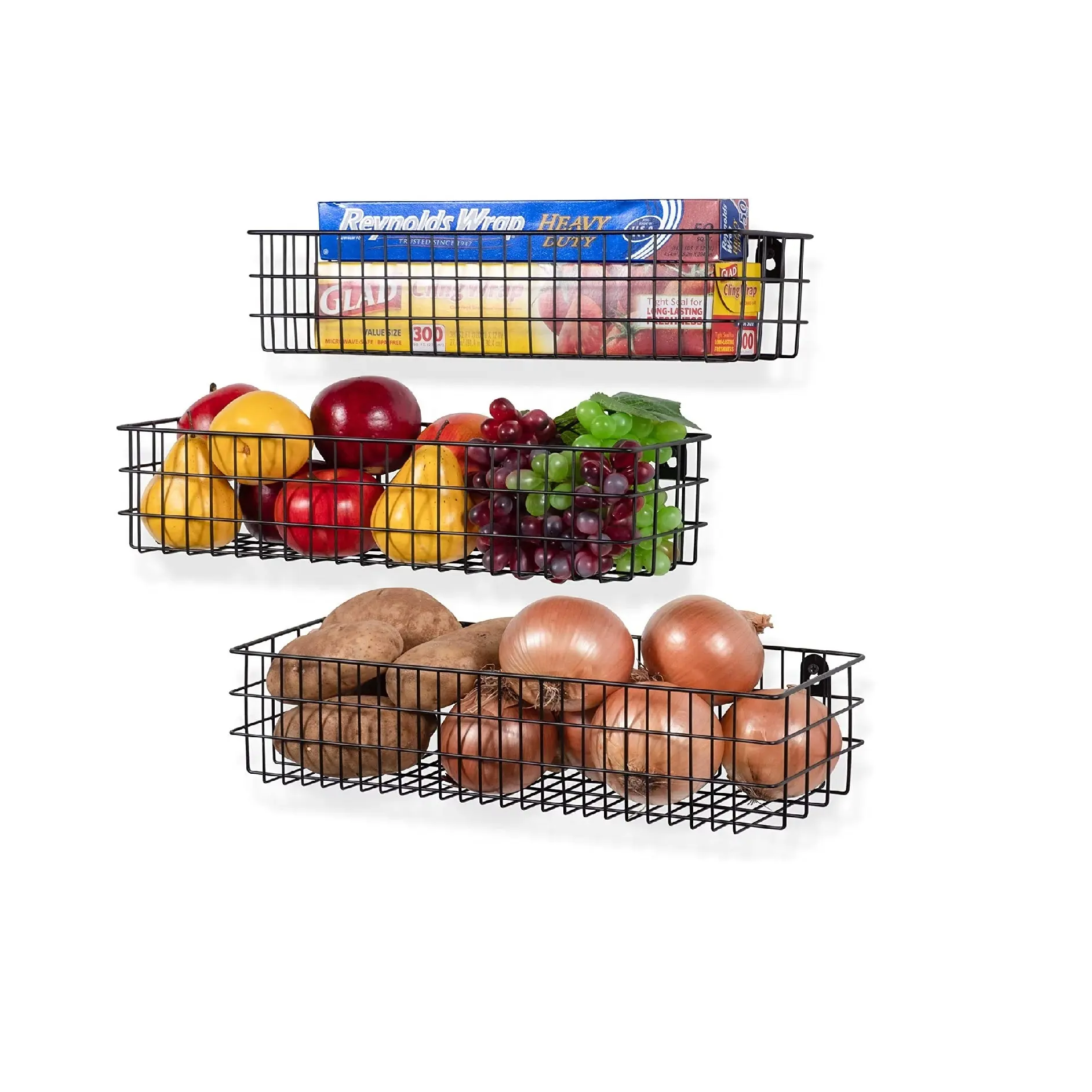 Wall Mounted Metal Wire Baskets for Kitchen Organization and Storage Varying Sizes Hanging Fruit Basket Set of 3