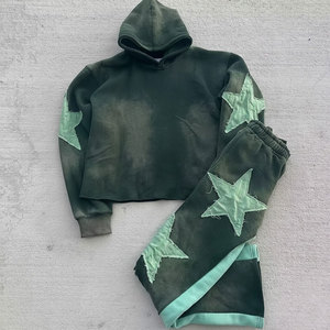 ชุดเสื้อฮู้ดดี้สตรีทแวร์ผู้ชายและกางเกงขายาวทรงดรอปฟลาير  ออกแบบป้ายปักโลโก้แบบกำหนดเองคุณภาพสูง - Product Image 3