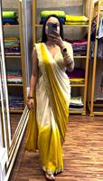 Sari Amarillo de Una Pieza para Mujer, Colección Tradicional de Seda para Verano/Invierno, con Bordado y Encaje, Sin Arrugas, Protección Solar