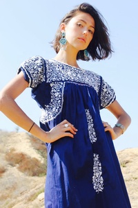 SRJ EXPORTS Navy <b>White</b> Hand Embroidered Oaxacan <b>Maxi</b> Dress 100% Cotton Dense Detailed Flowers Crochet Trim A-Line Vintage Summer - Product Image 3