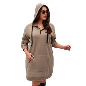 Women's Beige Embroidered 100% Cotton Solid Half Zip Hooded <b>Fleece</b> Streetwear Winter Casual Pullover <b>Hoodie</b> Dress Front Pocket - Product Image 1