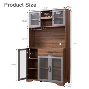 <span class=keywords><strong>Buffet</strong></span> de cuisine haut en noyer foncé avec portes vitrées, grand meuble de rangement pour café avec casier à vin et tiroir - Product Image 6