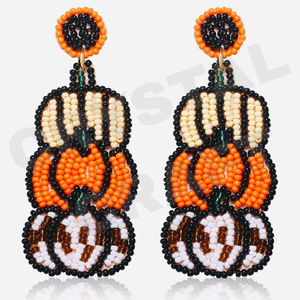 <b>Halloween</b> Pumpkin Duo Beaded <b>Earrings</b> for Women Patriotic Memorial Day Orange White Blue Colour Fabric Material - Product Image 3
