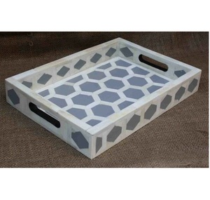 Bandeja de incrustaciones de hueso rústico Vintage hecha a mano India MDF de la mejor calidad para servir alimentos y usos decorativos para el hogar forma rectangular - Product Image 2