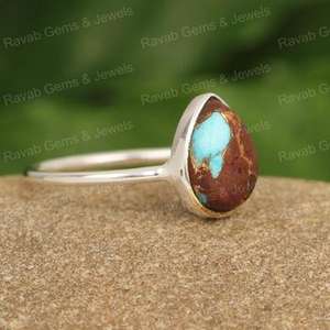 Superbe bague classique en argent sterling 925 massif, sertie à la main, avec cabochon en turquoise cuivre lave naturelle de forme poire, 10x14mm - Product Image 2