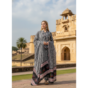 Conjunto de Kurta de Algodón Puro con Estampado Floral Negro, Pantalones de Chifón y Dupatta de Mulmul - Product Image 1