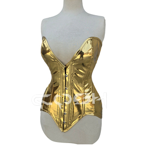 Glossy <b>Gold</b> Deep Neck Overbust High Compression Firm Control <b>Corset</b> Waist Slimmer Breathable PVC Clubwear Fashion Rivet - Product Image 1