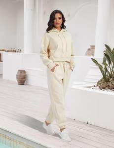 100% coton SWEATSUIT léger à capuche ensemble cordon de serrage fermeture hiver écologique délavé imprimé strass embelli - Product Image 3