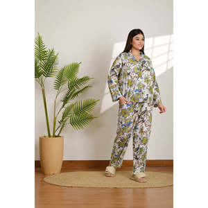 Ensemble pyjama doux tissé à imprimé floral et motif oiseau, respirant, taille élastique, boutonné, personnalisable, vêtements d'intérieur de nuit, 2 pièces, manches longues, 3D - Product Image 4