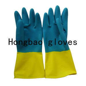 Gants de cuisine 80g double couleur jaune et bleu étanches pour le nettoyage domestique fabriqués en Chine - Product Image 4