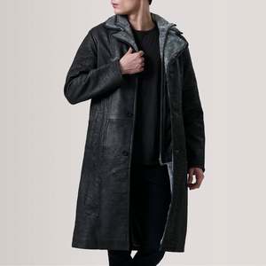 Vintage <b>Men's</b> Distressed Black <b>Shearling</b> Leather Coat Long Overcoat Hooded Collar Button Decoration Soft Wool Filled Autumn - Product Image 1