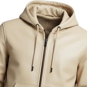 <b>Mens</b> Beige Leather Zip <b>Hoodie</b> Premium Faux Leather Hooded Jacket Full Zipper Winter Casual Streetwear Wholesale Manufacturer - Product Image 2