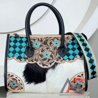 Sac fourre-tout en cuir à carreaux fait à la main de grande capacité, style western, sac à bandoulière de luxe en cuir de vachette pour femmes