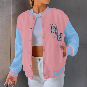 OEM Custom Quality Women Letter Embroidery Drop Shoulder College Bomber Jacket Coats <b>Pink</b> Varsity Jackets - Product Image 4
