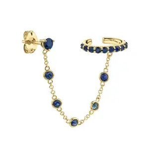最新系列黄金正品蓝宝石带边框连接耳套耳环饰品