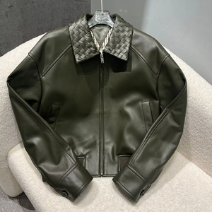Blouson bomber en peau de mouton pour femme, vert olive, col montant, fermeture éclair, coupe-vent, manches longues, séchage rapide - Product Image 1