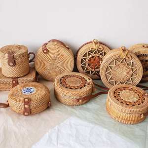 Boho Hand Weaved Round Rattan Wicker Basket <b>Bag</b> Shoulder <b>Bags</b> With <b>Straps</b> Bulk Quantity Best Sellers - Product Image 3