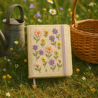 Carnet en peluche brodé de fleurs pastel mignon LABON A5 Journal doux et moelleux avec bande élastique bord en dentelle et breloque en métal fleur