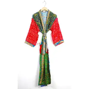 Kimono tambal sulam Kimono sutra wanita, gaun jaket Lengan India buatan tangan, jubah renang, gaun Maxi pakaian Malam